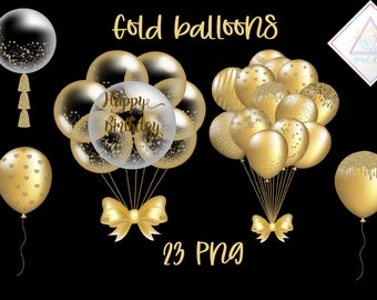 Gold balloons, balloon clipart, baby shower party, transparent png, glitter sparkle, pastel graphics, golden decor, single bunches, confetti
