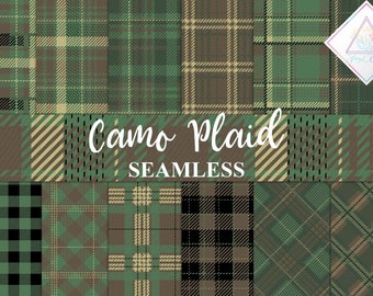 Camo plaid, digital paper, army backgrounds, military textures, green tartan, brown buffalo checks, beige flannel, seamless patterns, repeat