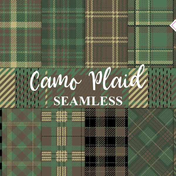 Camo plaid, digital paper, army backgrounds, military textures, green tartan, brown buffalo checks, beige flannel, seamless patterns, repeat