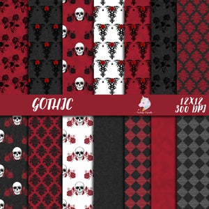 Gothic digital paper, gothic scrapbook, victorian damask, skull and roses, red black grunge, digital vampire, scrapbooking pack, halloween