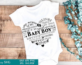 Baby Boy Heart - Shaped Word Art | Baby Shower SVG Cut File | Newborn Clipart | Typography Heart | Nursery Decor PNG | Bodysuit Sublimation