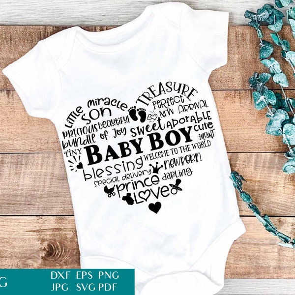 Baby Boy Heart - Shaped Word Art | Baby Shower SVG Cut File | Newborn Clipart | Typography Heart | Nursery Decor PNG | Bodysuit Sublimation