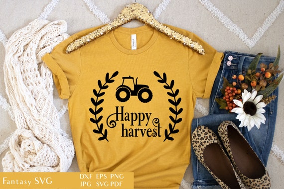Happy Harvest | SVG Cut File For Cricut | Thanksgiving Quote | Fall Rustic Decor | Laurel Wreath | Vector Tractor DXF | Farmhouse Sign EPS Il_570xn