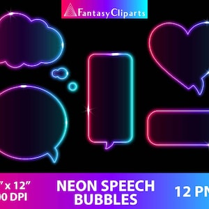 Burbujas de voz de neón Clipart PNG / Imagen prediseñada de burbujas de texto de neón brillante / Cuadro de diálogo estilo cómico / Arco iris pastel Ombre / Resplandor en la oscuridad