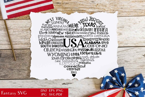 USA Heart - Shaped Word Art | Patriotic SVG Cut File | United States Of America | Typography Heart | Mug Sublimation Png | 50 State DXF Eps Il_570xn