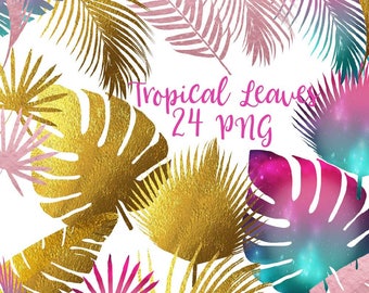Tropical leaves, leaf clipart, tropical clip art, aloha hawaii, under the sea, tropical plants, gold foil leaves, rose gold foil leaf, galax