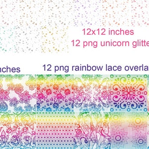 Unicorn huge bundle of clipart and digital paper, rainbow lace overlay png, unicorn textures and wood backgrounds, black and galaxy unicorns image 3