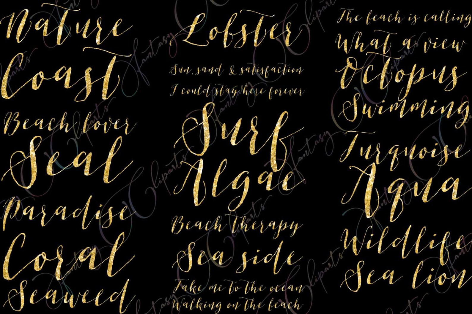 Ocean Word Art in Png Sea Life Common Words Clipart in Gold - Etsy
