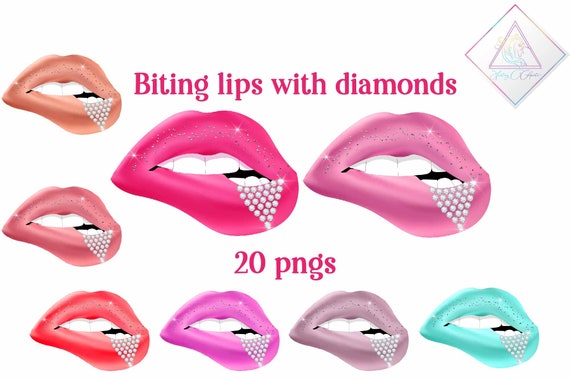 Biting lips, diamonds clipart, rhinestones clip art, sexy mouth, dripping lip, rose gold silver, hot pink pastel, black beige mauve, peach c Il_570xn