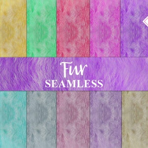 May include: A collection of seamless fur textures in various colors, including red, yellow, green, pink, purple, blue, teal, gray, and beige. The word "Fur" and "SEAMLESS" are written across the image in white.