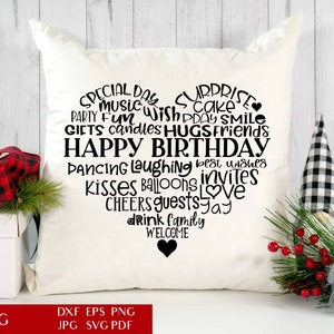 Happy Birthday Heart Shaped Word Art | Geburtstag SVG Schnittdatei | Festdateien für Cricut | Typografie Herzen DXF | Kommerzielle Nutzung EPS Png
