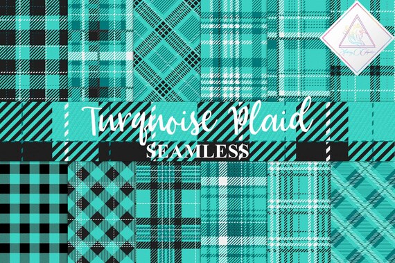 Turquoise plaid, digital paper, seamless patterns, aqua black, gingham lumberjack, log cabin buffalo, scottish tartan, flannel checks, summe Il_570xn