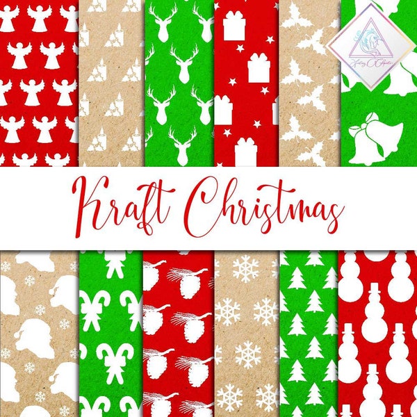 Kraft digital paper, kraft christmas, fantasy cliparts, christmas pattern, kraft texture, santa backgrounds, white angel, green beige red jp