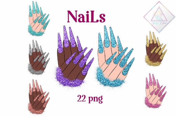 Long nails clipart, african american, nail artist, logo elements, fashion clip art, beauty salon, rose gold silver, pink aqua copper, turquo Il_570xn