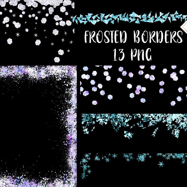 Frosted borders, clipart overlay, iridescent snow, turquoise texture, frozen ice, icicles snowflakes, glitter snow, diamond sprinkles, frost