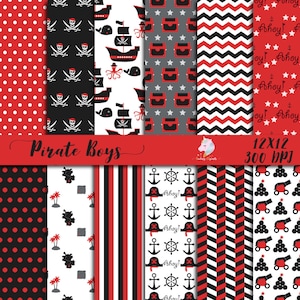 Pirate boys birtday, pack papier pirates, arrière-plans numériques, bateau pirate noir, motif chevron rouge, île de carte du Trésor, scrapbooking jpg,