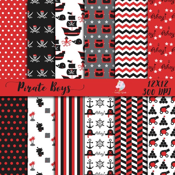 Pirate boys birtday, pirates paper pack, digital backgrounds, black ...