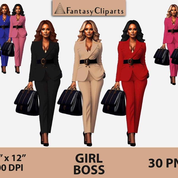 African American Girl Boss Clipart | Fashion Illustration Clip Art | Woman in Business Suit | Blonde Brunette Lady Boss | Boss Babe Graphics