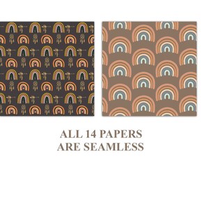 Peut inclure: Deux motifs de papier sans couture avec des motifs d'arc-en-ciel et d'attrape-r&ecirc;ves. L'un a un fond gris fonc&eacute; avec des arcs-en-ciel et des attrape-r&ecirc;ves color&eacute;s. L'autre a un fond marron avec des arcs-en-ciel pastel. Le texte indique : ALL 14 PAPERS ARE SEAMLESS.