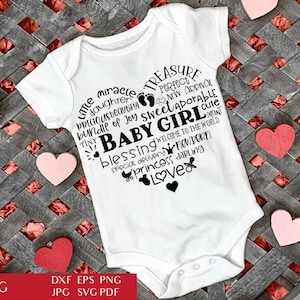 Baby Mädchen Herz - Shaped Word Art | Baby Shower SVG Schnittdatei | Neugeborenen Clipart | Typografie Herz | Kinderzimmer Dekor PNG | Body Sublimation