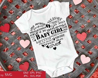 Baby Girl Heart - Shaped Word Art | Baby Shower SVG Cut File | Newborn Clipart | Typography Heart | Nursery Decor PNG | Bodysuit Sublimation