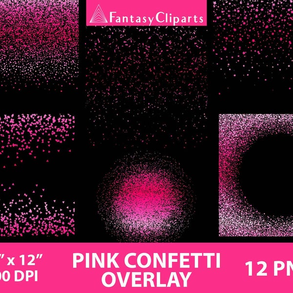 Hot Pink Confetti Overlay Clipart PNG | Magenta Confetti Clip Art | Wedding Party Decoration | Fuchsia Metallic Borders | Commercial Use
