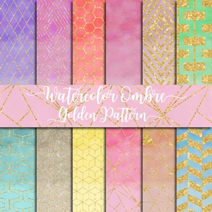 May include: A set of 12 digital paper patterns featuring watercolor ombre backgrounds with gold geometric designs. The patterns are perfect for scrapbooking, card making, and other craft projects.