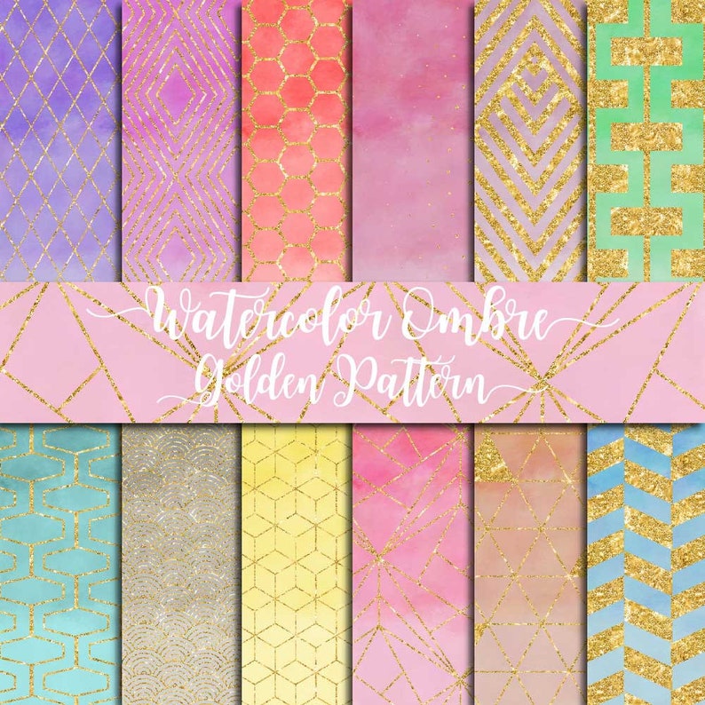 May include: A set of 12 digital paper patterns featuring watercolor ombre backgrounds with gold geometric designs. The patterns are perfect for scrapbooking, card making, and other craft projects.