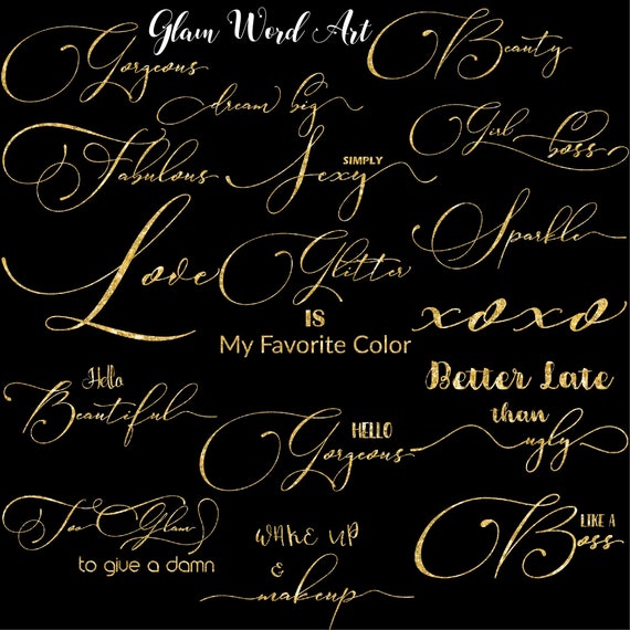Glam word art, glamorous clipart, common phrases, golden lettering, makeup words, planner stickers, fantasy cliparts, girl boss sentence, Il_570xn