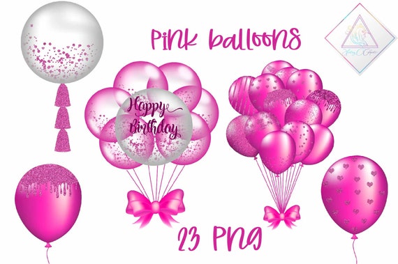 Hot pink balloons, balloon clipart, baby shower party, transparent png, glitter sparkle, fuchsia graphics, fuschia decor, single bunches, co Il_570xn