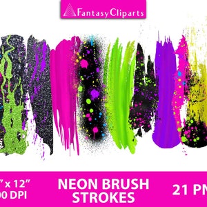 Neon Brush Strokes Clipart PNG | Colorful Paint Splatters Clip Art | Sublimation Backsplashes | Glow In The Dark Neon Party | Commercial Use