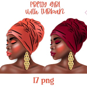 Afroamericano, ragazza turbante, donna carina nera, involucro per la testa, fascia afro, clipart di melanina, acconciature, sciarpa in oro rosa, giornata dei capelli cattivi, bl