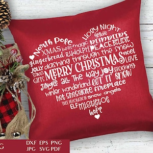 Feliz Natal arte de palavra em forma de coração | Arquivo de corte SVG de férias de inverno | Arquivos de Natal para Cricut | Tipografia Corações DXF | Uso Comercial EPS Png