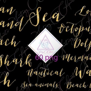 Ocean word art in png, parole comuni di vita marina clipart in glitter d'oro, bella sovrapposizione di detti fatta da cliparts fantasy, clip art d'oro da 6 pollici