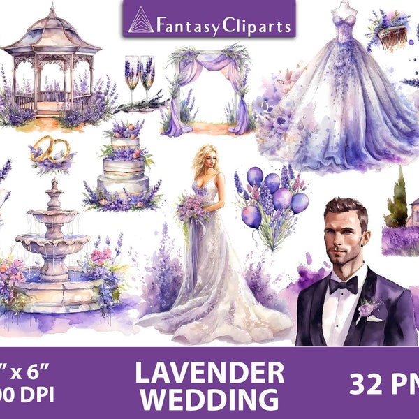Aquarell Lavendel Hochzeit Clipart | Braut Im Brautkleid Mit Blumenstrauß Clip Art | Bräutigam im Smoking | Lila Weiß Dekorationen Overlays PNG