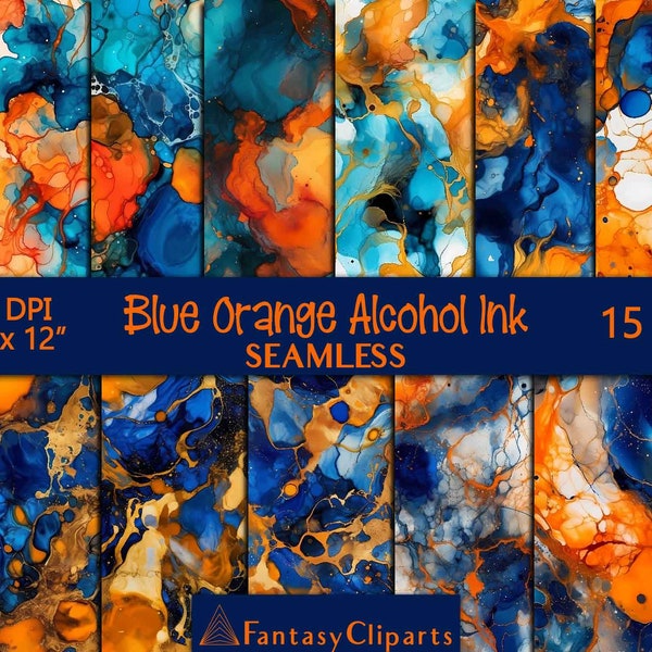 Blue Orange Alcohol Ink Digital Paper | Navy Gold Seamless Patterns | Watercolor Textures | Watercolour Messy Inks | Tileable Printables JPG