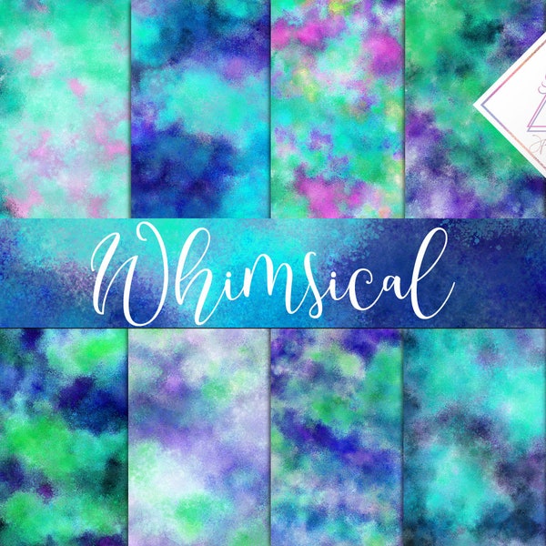 Whimsical digital paper in jpg format, galaxy watercolor backgrounds, turquoise textures with pink and purple, cosmic watercolour texture