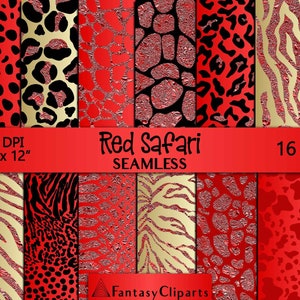 Red Glitter Safari Animal Print Digital Paper | Gothic Cheetah Seamless Pattern | Dark Leopard Print Textures | Halloween Zebra Backgrounds