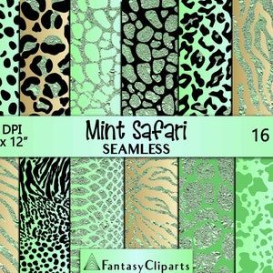 Op de afbeelding: Een set van 16 digitale papierontwerpen met mintgroene en zwarte dierenprintpatronen. De patronen omvatten luipaard, zebra, giraffe en slangprint. De tekst "Mint Safari Seamless" is in de afbeelding opgenomen.