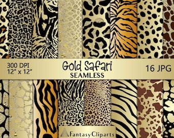 Gold Glitter Safari Animal Print Digital Paper | Cheetah Print Seamless Pattern | Leopard Print Textures JPG | Africa Skin Backgrounds