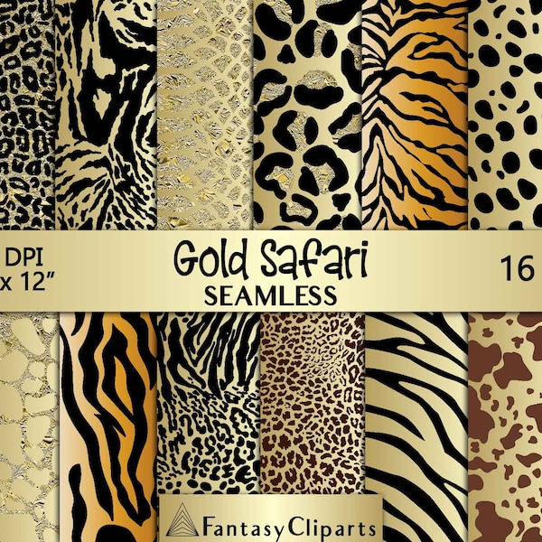 Gold Glitzer Safari Animal Print Digital Paper | Gepard Print Nahtloses Muster | Leopard Print Texturen JPG | Afrika Haut Hintergründe