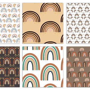 Peut inclure: Six motifs carr&eacute;s pr&eacute;sentent des motifs d'arc-en-ciel. Les arcs-en-ciel varient en couleur et en style, certains &eacute;tant minimalistes et d'autres plus d&eacute;taill&eacute;s. Les fonds sont blancs, beiges et marron fonc&eacute;.