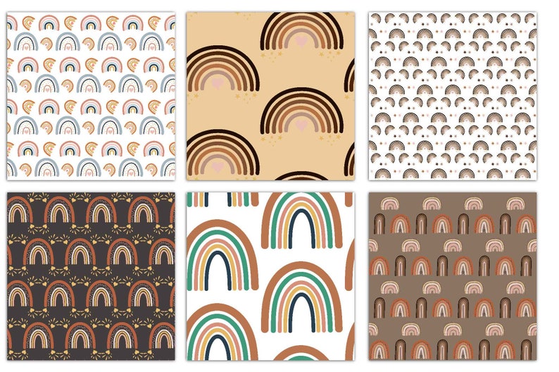 Peut inclure: Six motifs carr&eacute;s pr&eacute;sentent des motifs d'arc-en-ciel. Les arcs-en-ciel varient en couleur et en style, certains &eacute;tant minimalistes et d'autres plus d&eacute;taill&eacute;s. Les fonds sont blancs, beiges et marron fonc&eacute;.