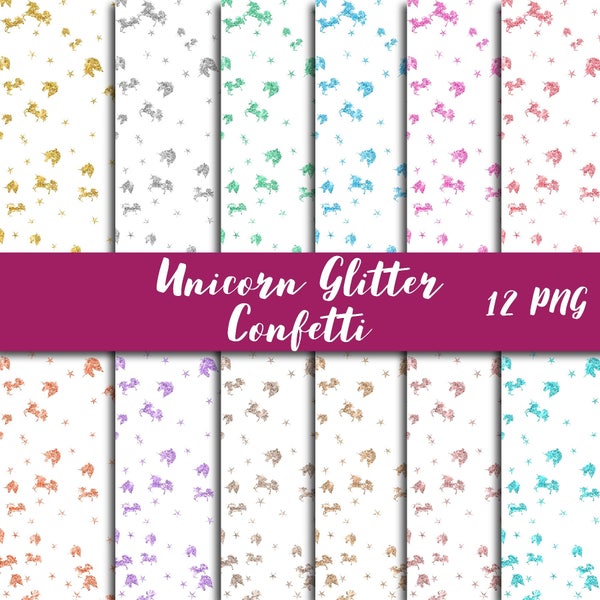 Glitter unicorn confetti overlay clipart, made by fantasy cliparts, pegasus clip art overlays size 12 in, rose gold whimsical horse graphics