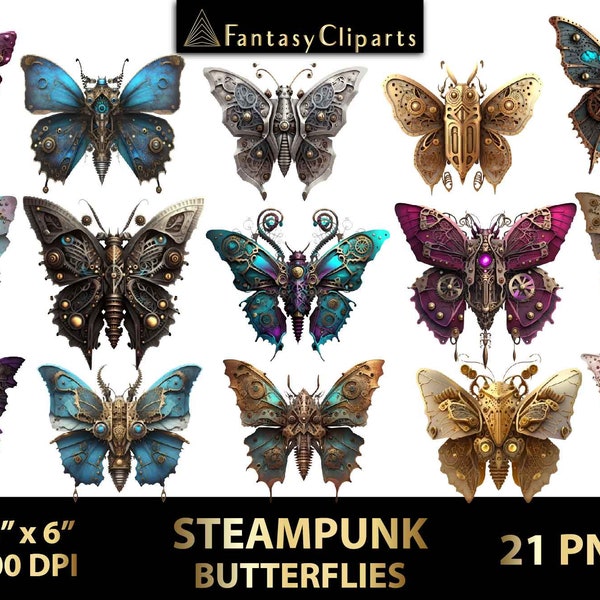 Steampunk Butterflies Clipart | Victorian Moths Clip Art | Gothic Mechanical Butterfly | Antique Insects With Gears | Halloween Images PNG