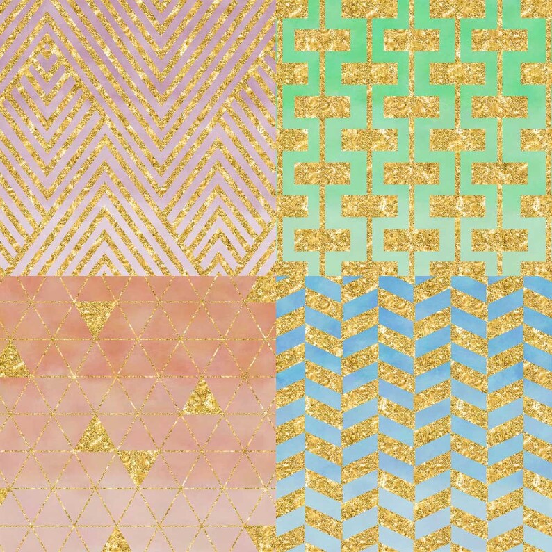 May include: A digital collage of four different geometric patterns with a gold glitter overlay. The patterns are a chevron, a grid, a triangle, and a herringbone. The background colors are pink, blue, green, and purple.