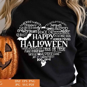 Arte de palavra em forma de coração feliz Halloween | Arquivo de corte SVG gótico | 31 de outubro Arquivos para Cricut | Tipografia Corações DXF | Uso Comercial EPS Png