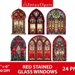 Red Stained Glass Windows Clipart | Halloween Window Clip Art | Vintage Illustrations Steampunk PNG | Victorian Doors Sublimation Graphics
