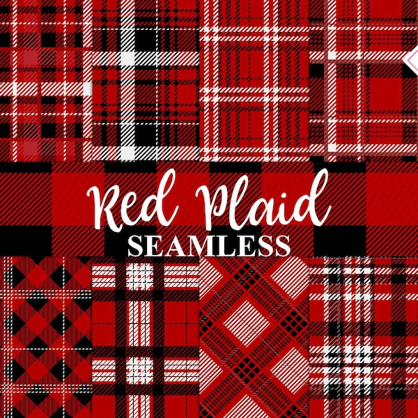 Red plaid, digital paper, seamless patterns, gothic black, gingham lumberjack, log cabin buffalo, scottish tartan, flannel checks, halloween