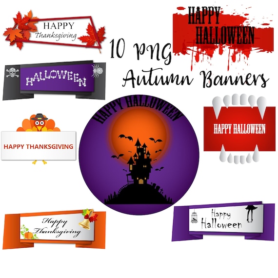 Autumn banners, halloween clipart, thanksgiving clip art, fall decoration, bloody teeth, diamond spider, orange turkey, fantasy cliparts, h Il_570xn